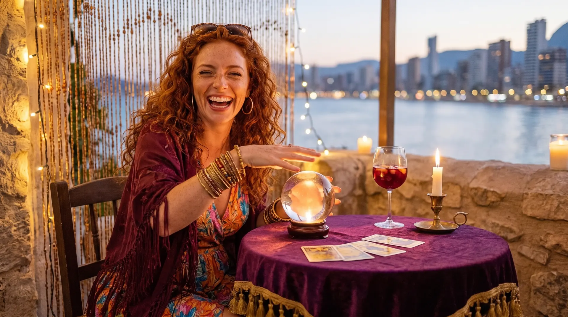 Brenda laughing at a velvet fortune-telling table with a crystal ball, tarot cards and a glass of sangria, Benidorm's skyline lit up behind her