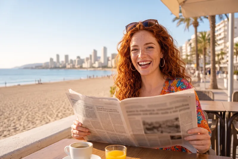Brenda reading the paper over coffee at a seafront café on Levante beach, Benidorm
