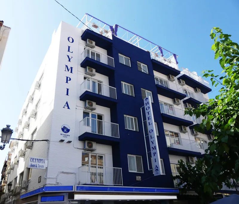 Hotel Olympia: The hotel, Hotel Olympia's blue and white facade
