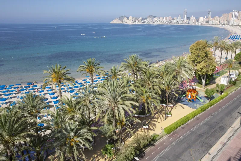 Casual Pop Art: Seafront view, Beach, palms and Benidorm skyline from above