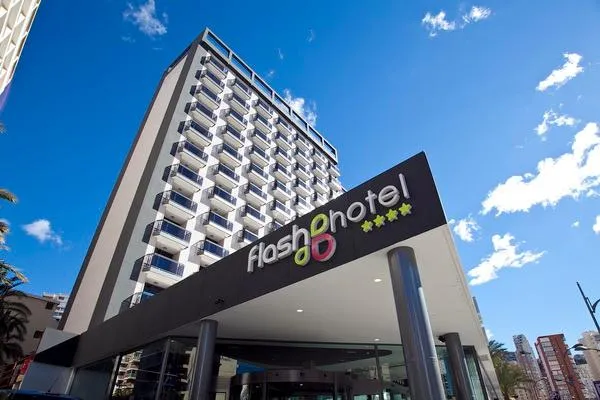Flash: The hotel, Hotel tower with the Flash Hotel sign over the entrance