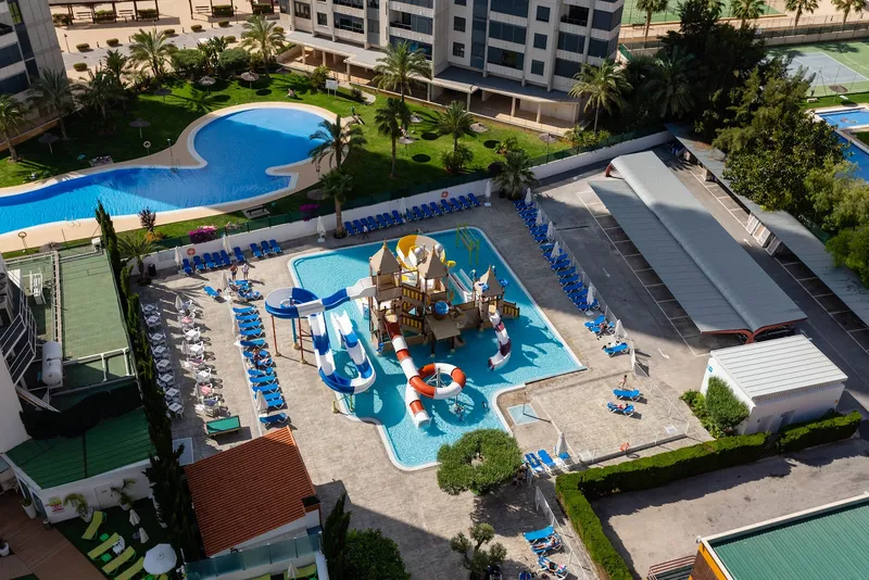 Rosamar: Pools from above, Pools, water park and loungers seen from above