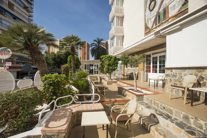 Magic Villa: Garden terrace, Terrace with chairs among palms beside the hotel