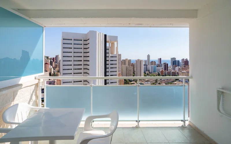 Flamingo Oasis: Balcony view, Balcony with chairs facing the city towers