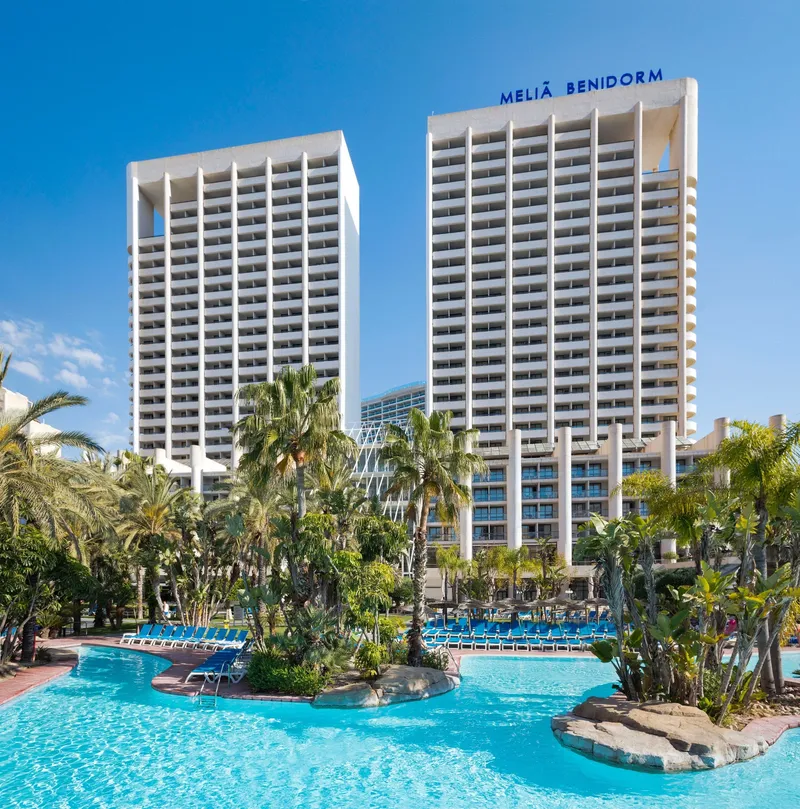 Meliá Benidorm: The hotel, Twin towers rising above the lagoon pool and palms