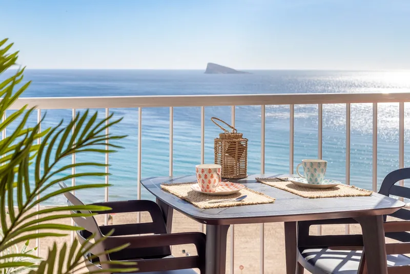 Mirador: Sea-view balcony, Balcony table with cups facing the sea and Benidorm Island