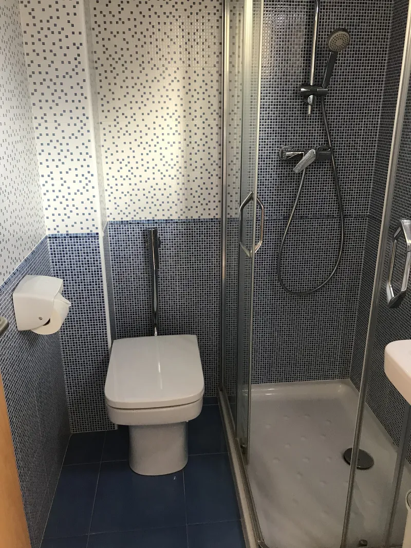 Palm Court: Bathroom, Shower cubicle and toilet with blue tiles
