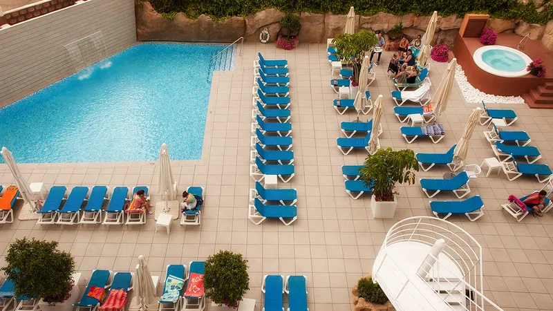 RH Victoria: Pool terrace, Pool, loungers and hot tub seen from above