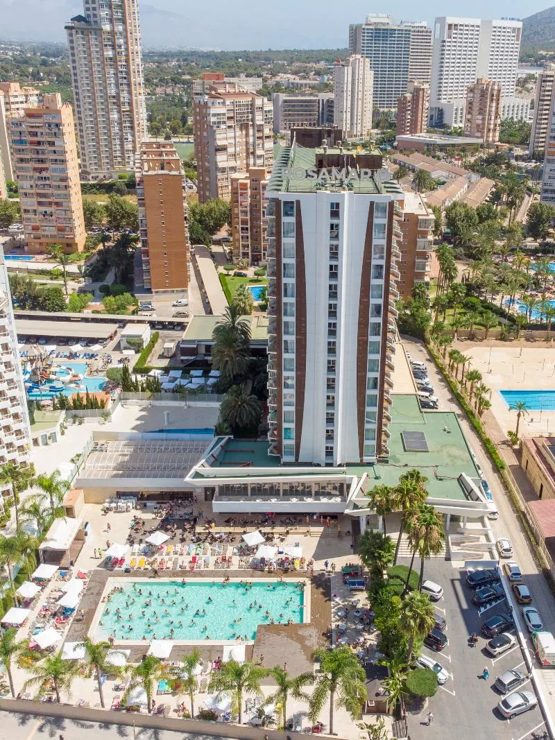 Hotel Rosamar tower and pool terrace from above, Rincón de Loix