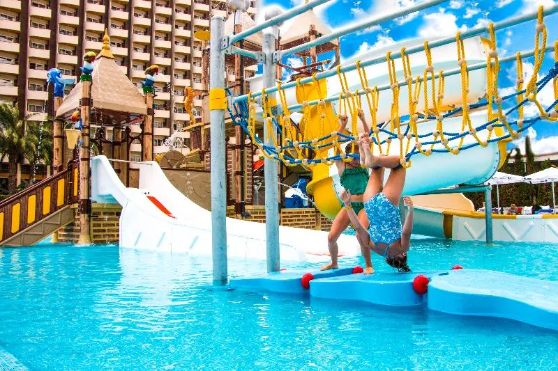 Children's water park with slides and climbing nets