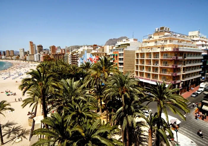 Tanit: Beach view, Beach, palms and seafront blocks seen from above
