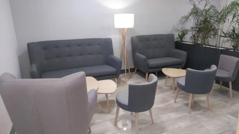 Tanit: Lounge, Grey sofas and armchairs with plants and floor lamp