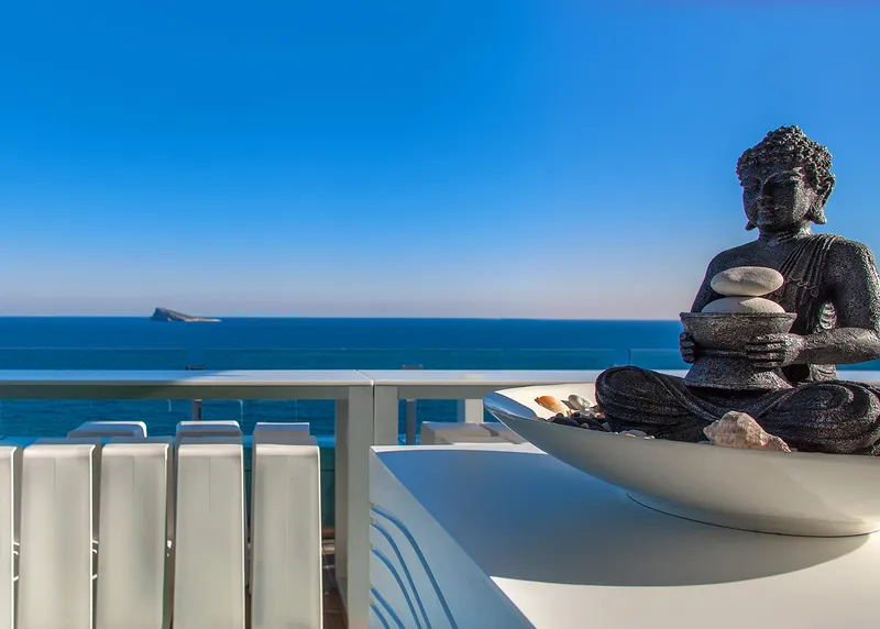 Villa del Mar: Sea-view terrace, Terrace with Buddha statue looking out to sea
