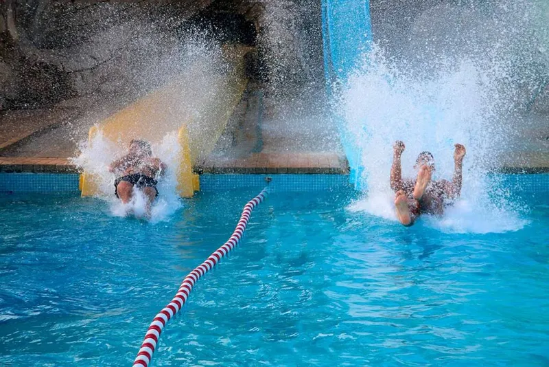Two riders hit the pool: The end of the racing slides: this is the bit everyone films