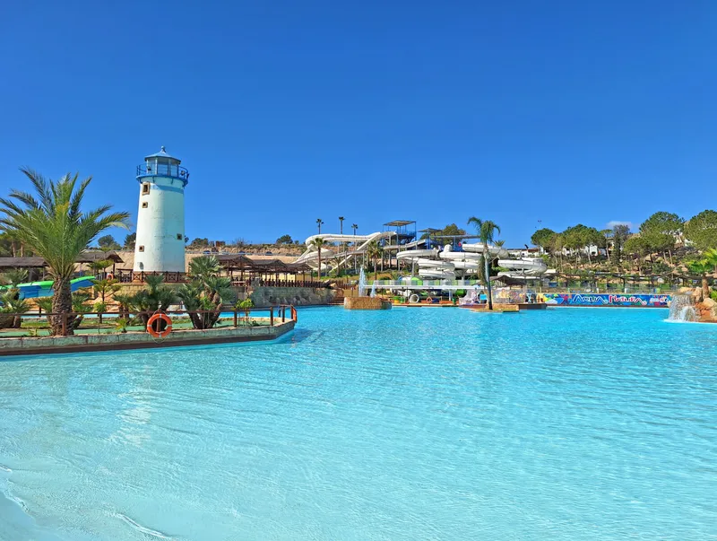 The lighthouse lagoon: Aqua Natura's big pool, with the slides behind