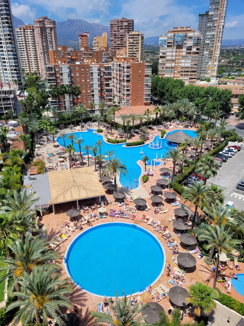 The lagoon from above: The main lagoon, the thatched pool bar and the round pool