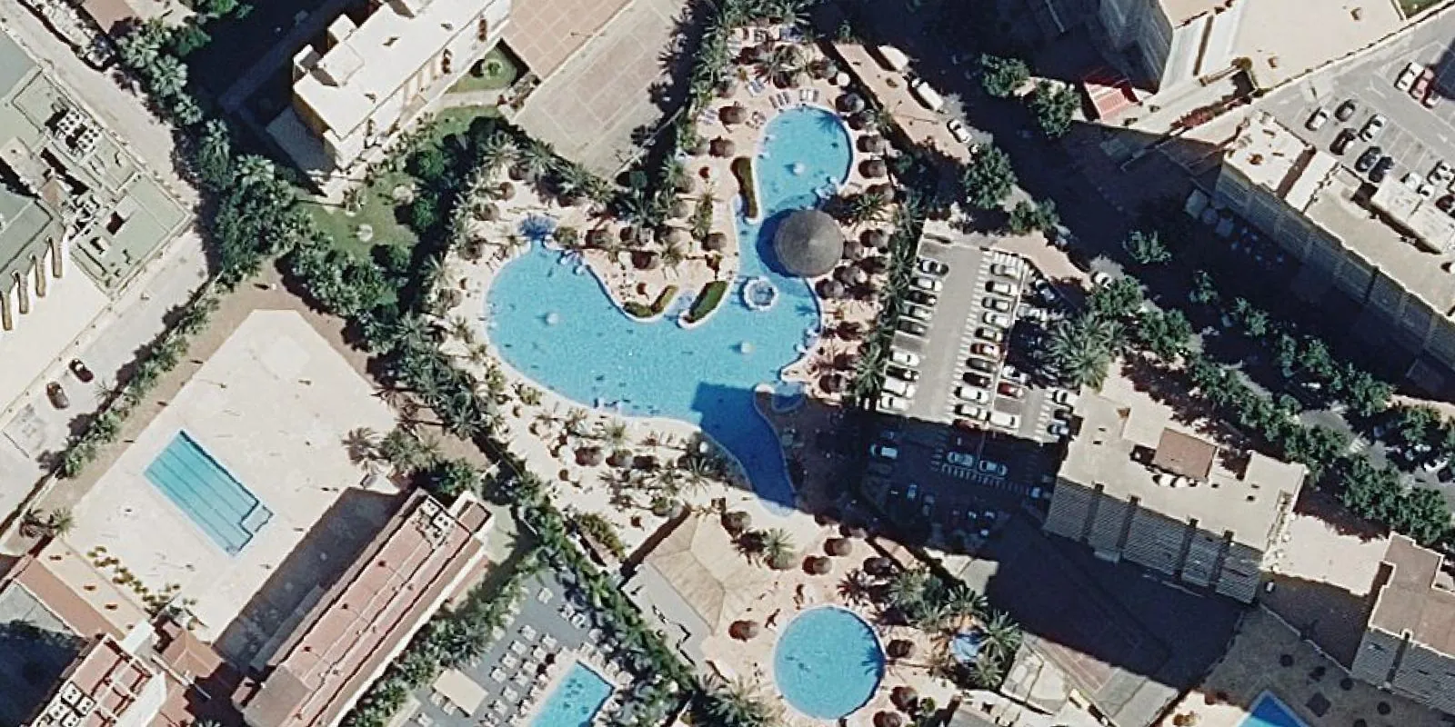 The lagoon pool of Sol Pelícanos Ocas from the air, the pool used as the Solana's in ITV's Benidorm