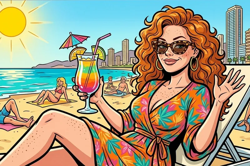 Saucy seaside postcard: Brenda with a cocktail in Benidorm